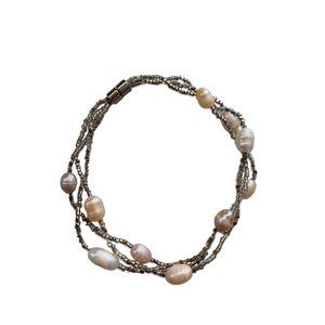 Bracelet Freshwater Pearl Silver Tone Seed Bead Triple Strand Magnet Clasp